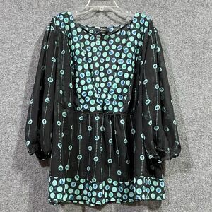 Style & Co Tunic Top Womens 18W Black Leaf Polka Dot Sheer Lace Trim Puff Sleeve